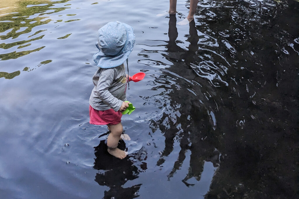 Der Fischerspark hat eine große Wiese, Bäume, mehrere Spielplätze und ein Wasserbecken zur Abkühlung.